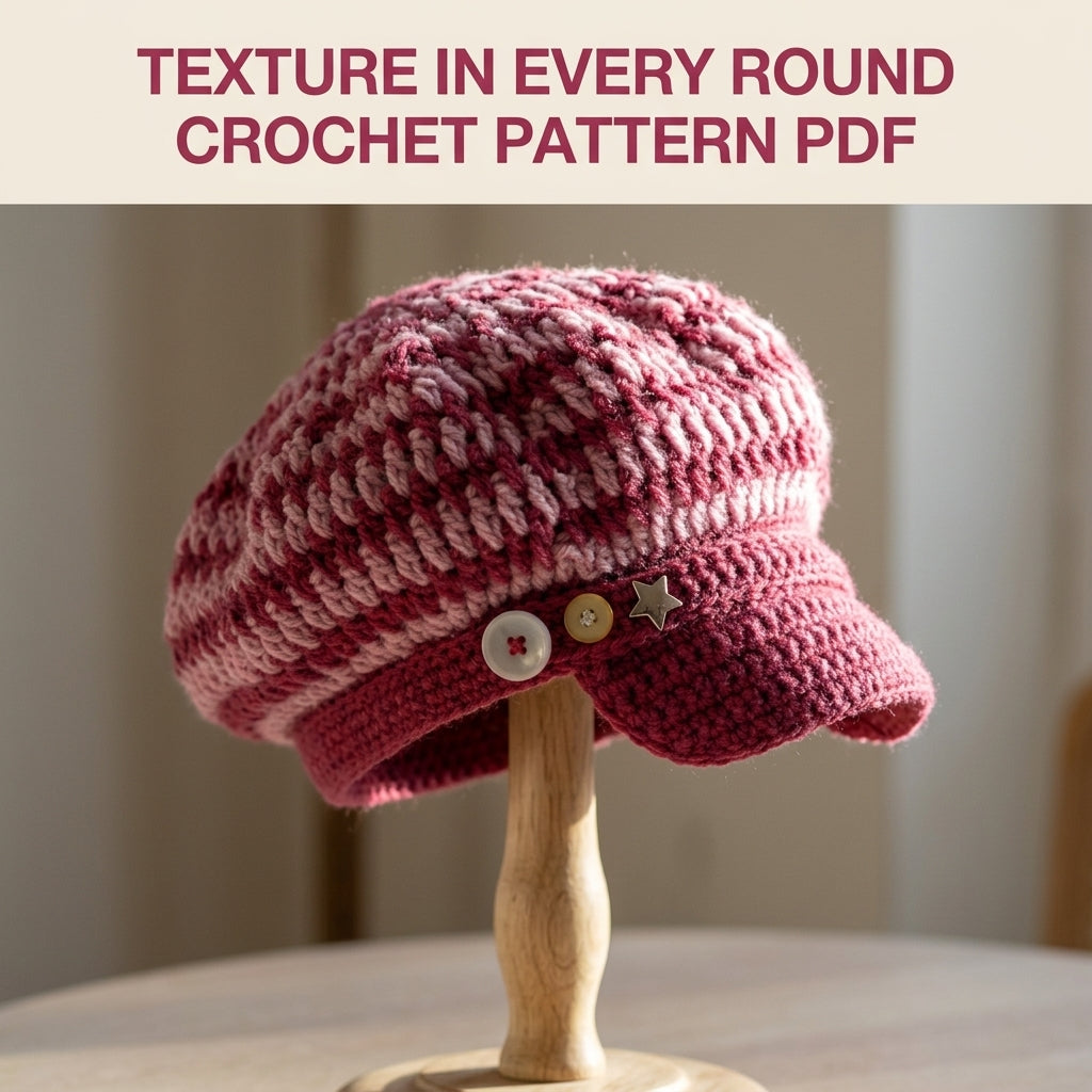 Raspberry Two-Tone Newsboy Cap Crochet Pattern PDF – Slouchy Brimmed Hat with Button Strap