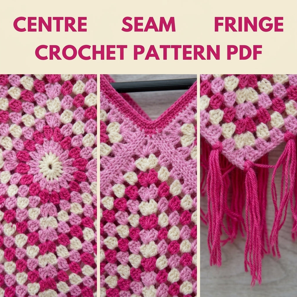 Pink Granny Kids Poncho Crochet Pattern PDF – Easy Two Square Poncho with Fringe