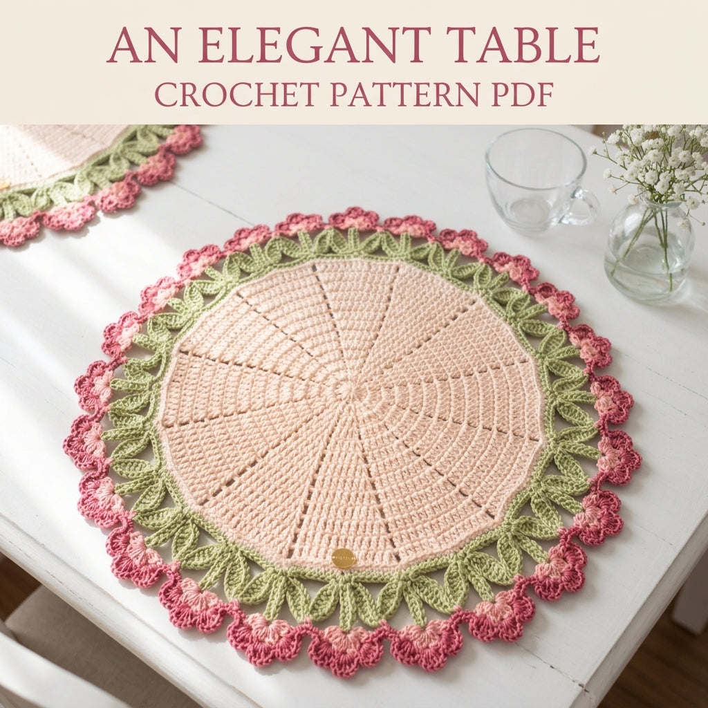 Rose Tulip Edge Placemat Crochet Pattern PDF – Round Table Mat with Flower Edge