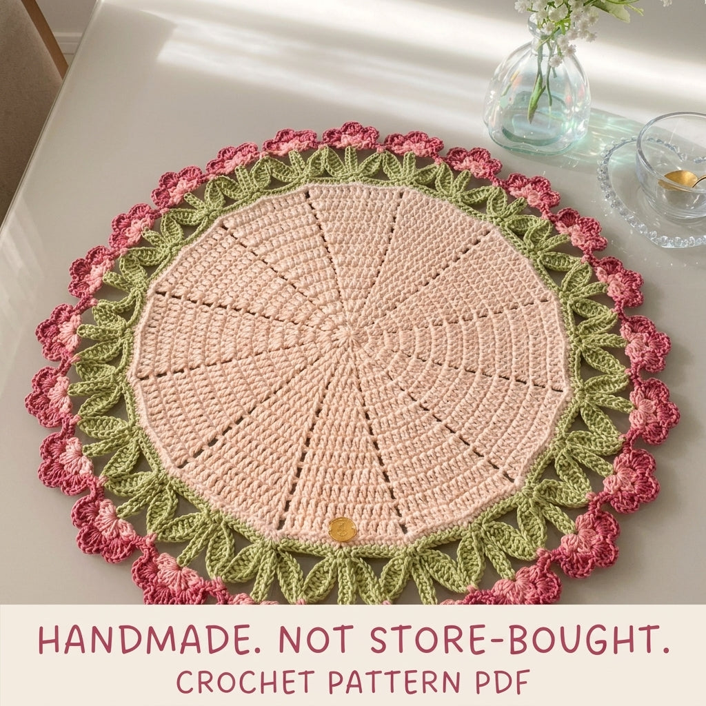 Rose Tulip Edge Placemat Crochet Pattern PDF – Round Table Mat with Flower Edge