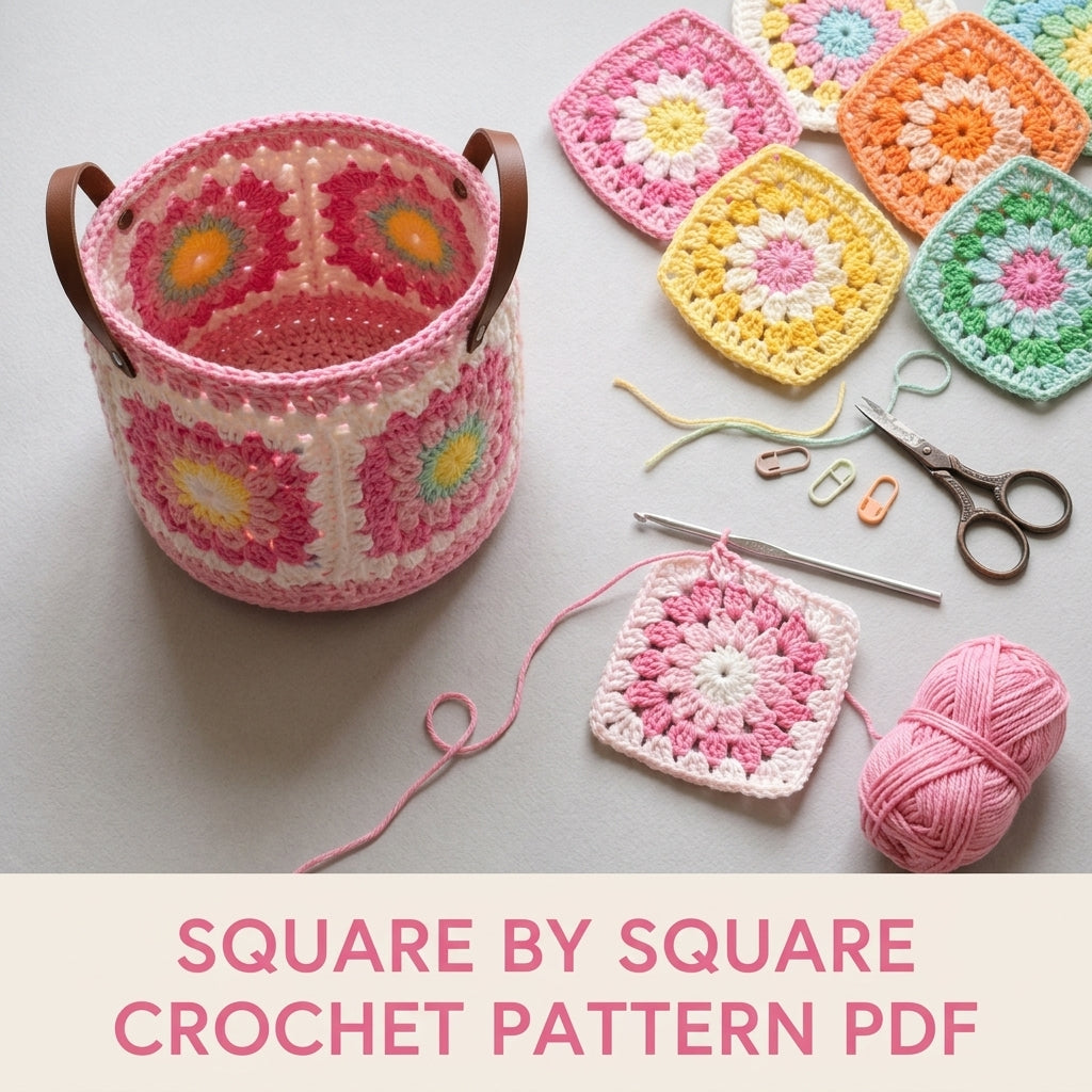 Granny Square Plant Basket Crochet Pattern PDF – Pot Cover with Handles