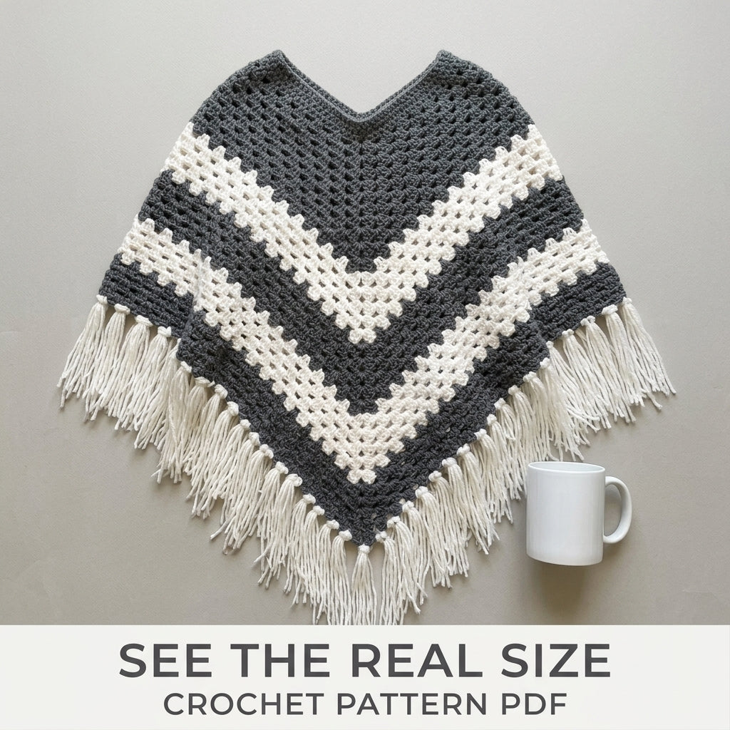 Grey Chevron Granny Stitch Poncho Crochet Pattern PDF – Grey and White Chevron Poncho