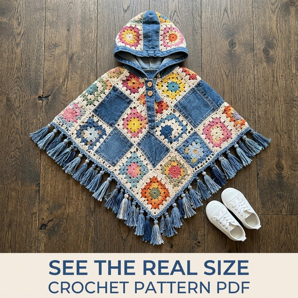 Denim Granny Square Poncho Crochet Pattern PDF – Kids Hooded Poncho