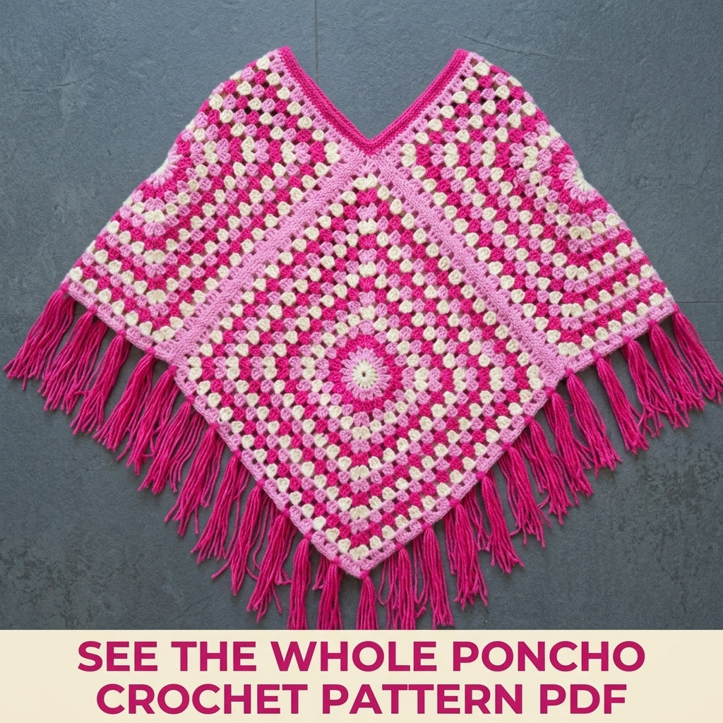 Pink Granny Kids Poncho Crochet Pattern PDF – Easy Two Square Poncho with Fringe