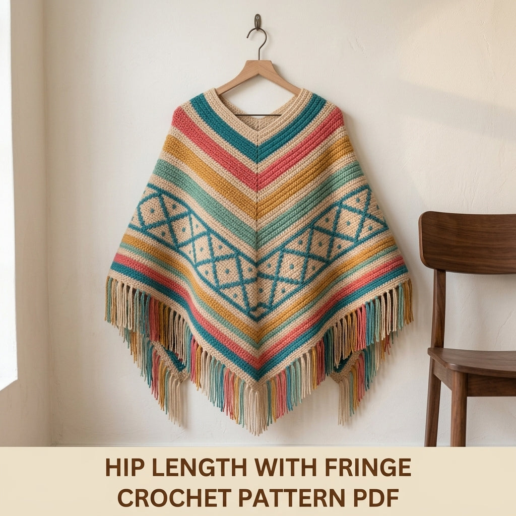 Coastal Lattice Poncho Crochet Pattern PDF – Boho Fringe Poncho with Mosaic Colourwork Band