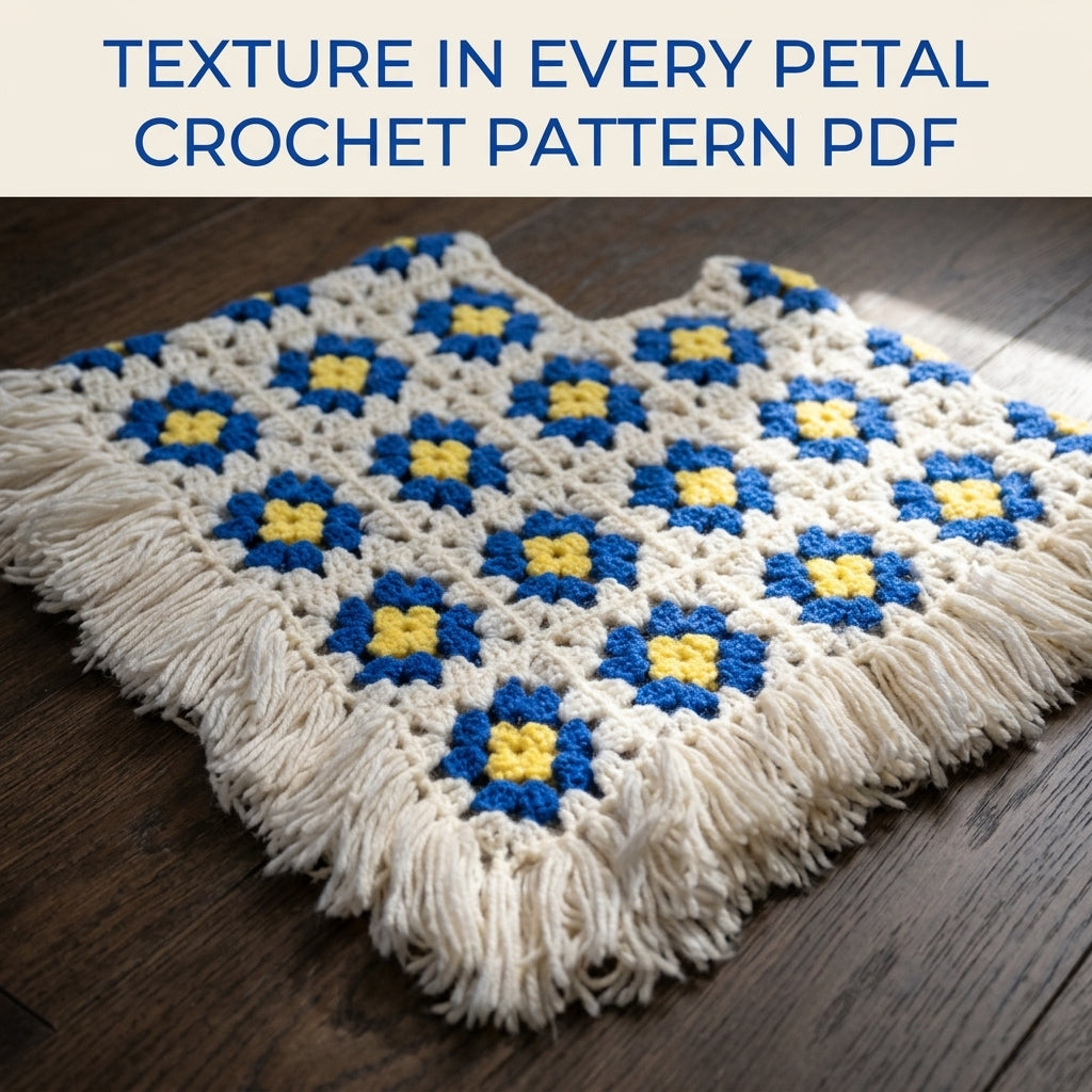 Blue and Yellow Granny Crochet Pattern PDF – Retro Flower Motif Poncho with Fringe