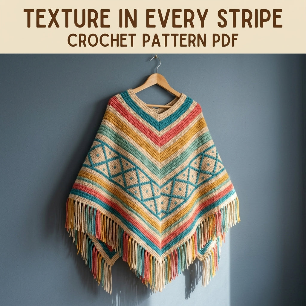 Coastal Lattice Poncho Crochet Pattern PDF – Boho Fringe Poncho with Mosaic Colourwork Band