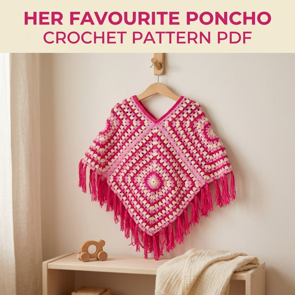 Pink Granny Kids Poncho Crochet Pattern PDF – Easy Two Square Poncho with Fringe