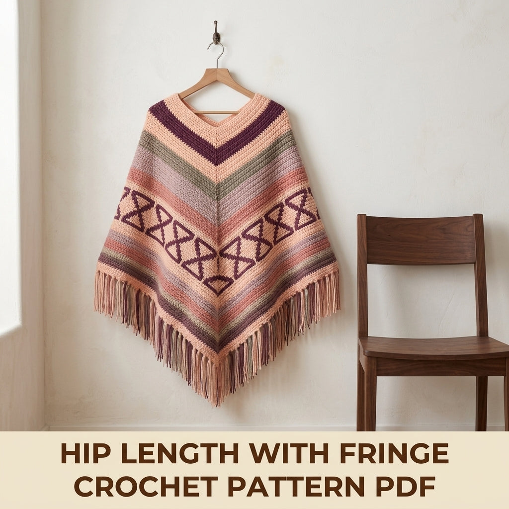 Hourglass Rose Poncho Crochet Pattern PDF – Boho Fringe Poncho with Colourwork Band