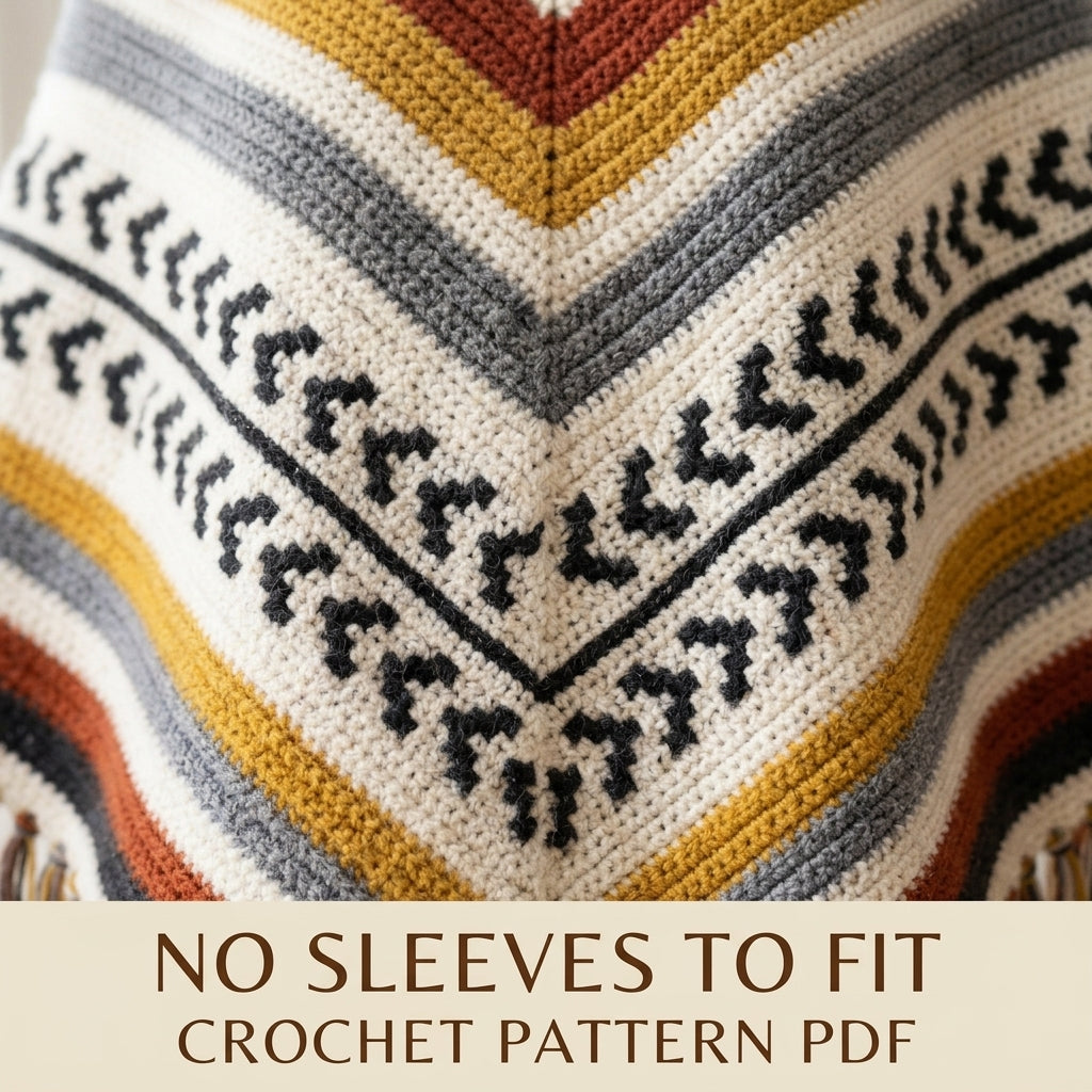 Arrow Stripe Poncho Crochet Pattern PDF – Boho Fringe Poncho with Colourwork Band