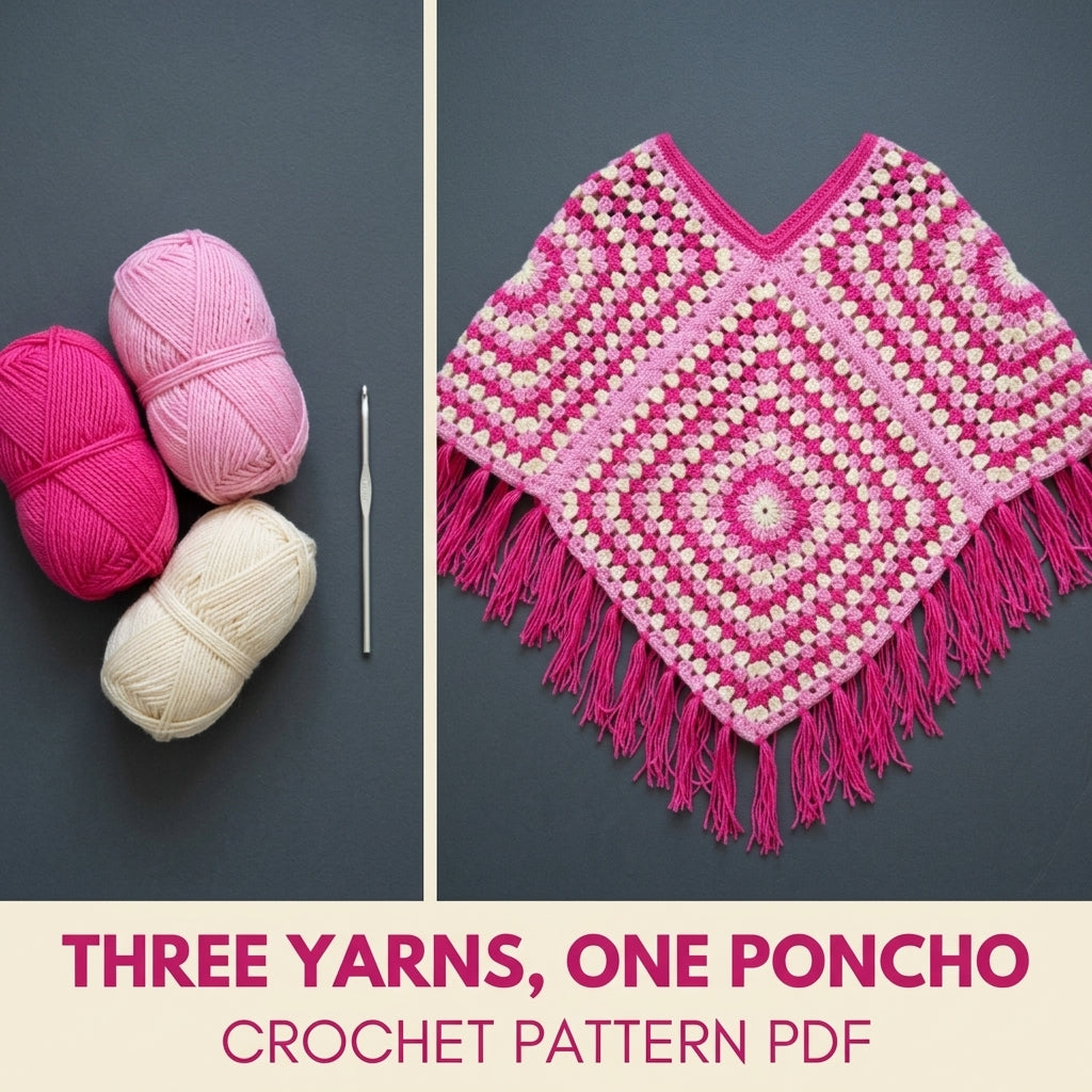 Pink Granny Kids Poncho Crochet Pattern PDF – Easy Two Square Poncho with Fringe