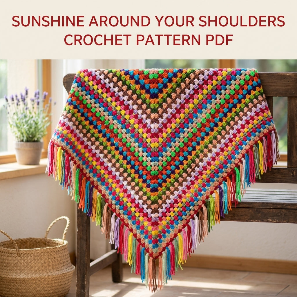 Rainbow Granny Triangle Shawl Crochet Pattern PDF – Scrap Yarn Shawl with Fringe