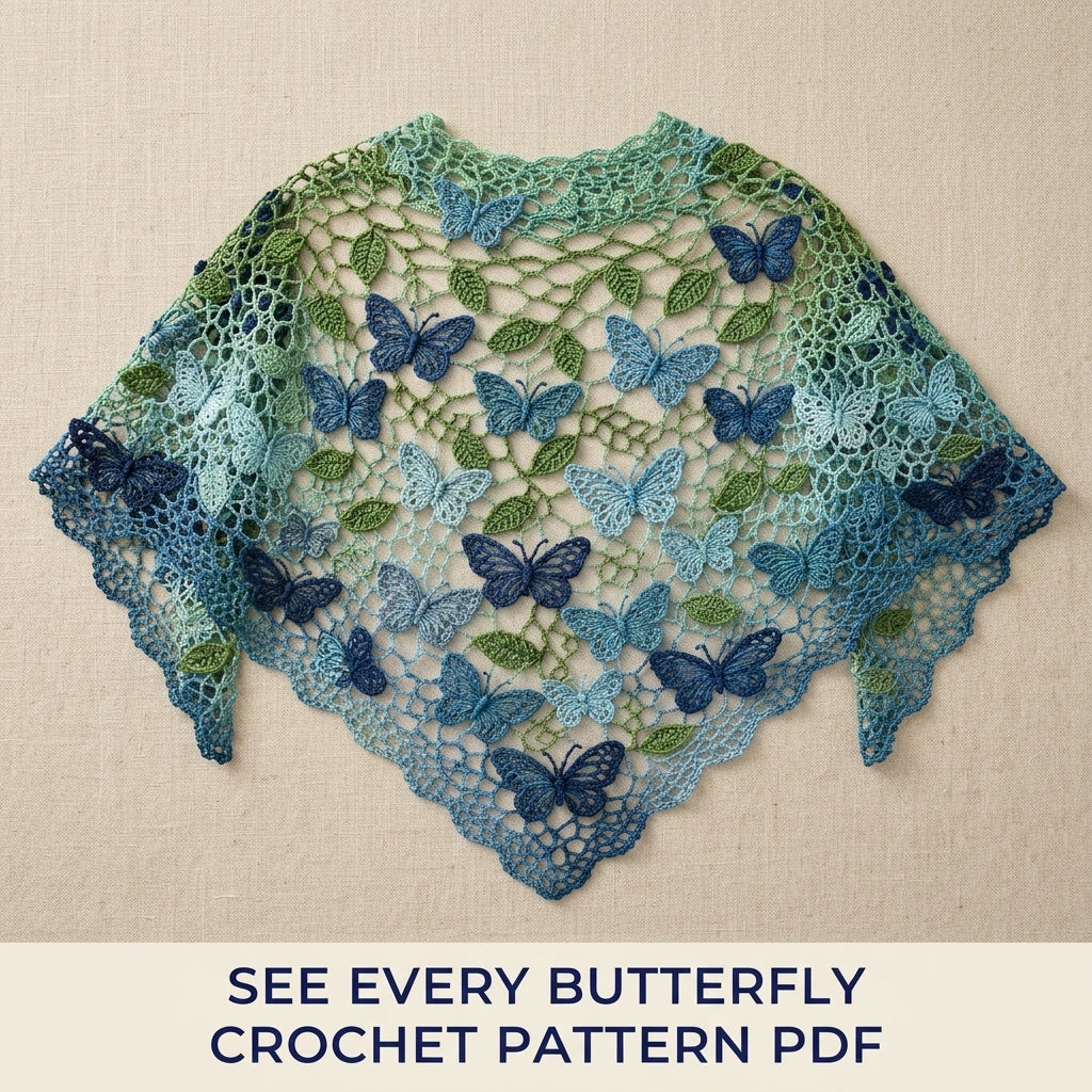 Butterfly Shawl Crochet Pattern PDF – Lace Net Shawl with Butterflies and Leaves