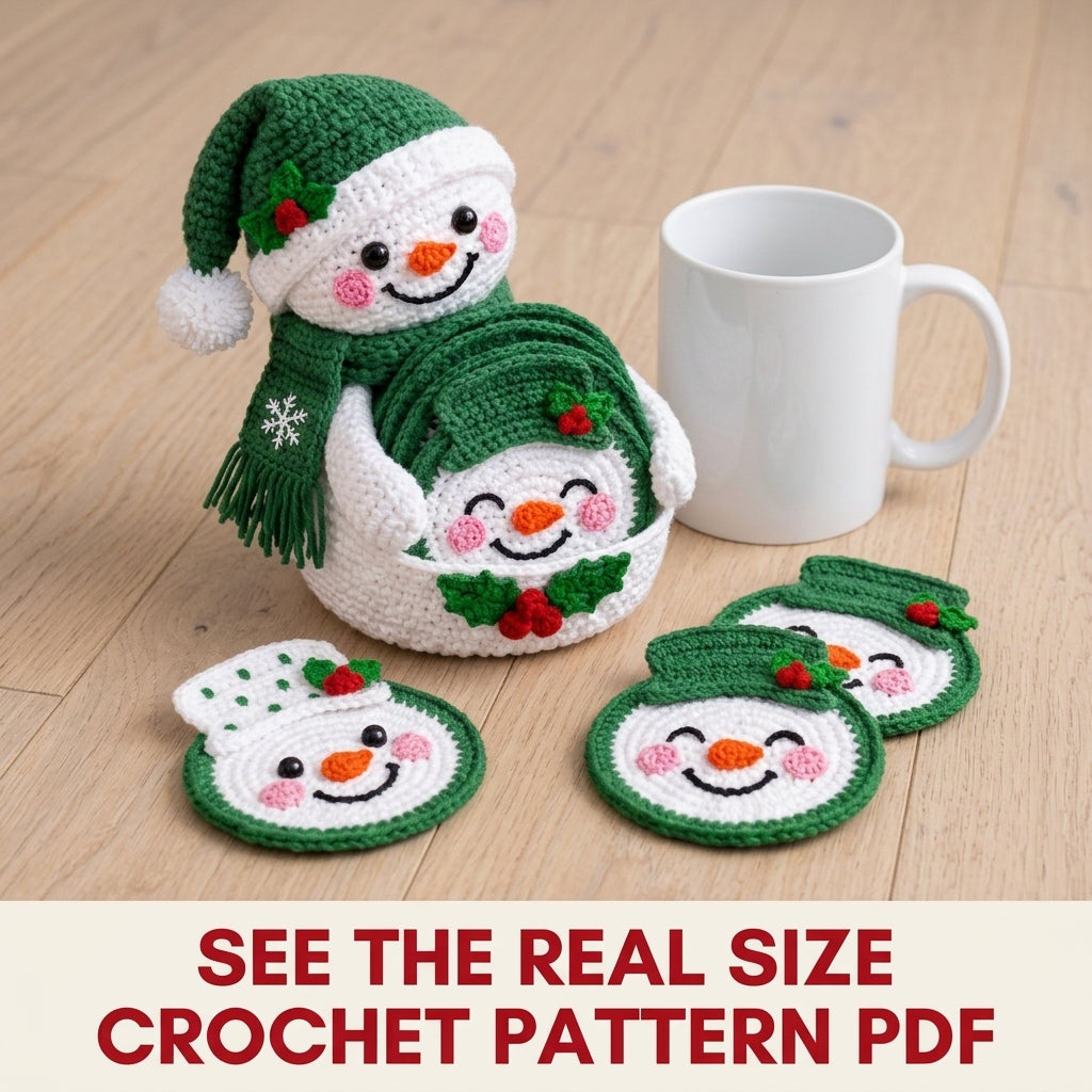 Green Snowman Coaster Set Crochet Pattern PDF – Snowman Coasters with Holder