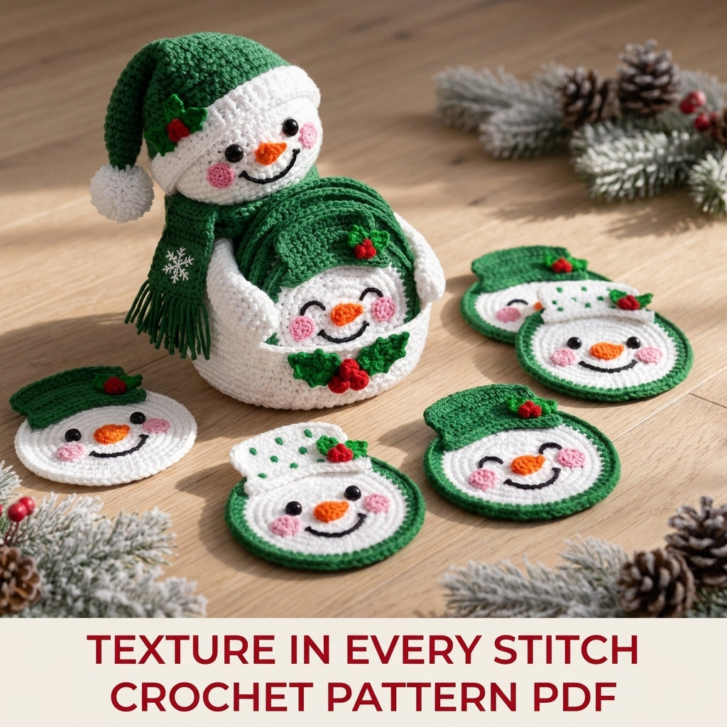 Green Snowman Coaster Set Crochet Pattern PDF – Snowman Coasters with Holder