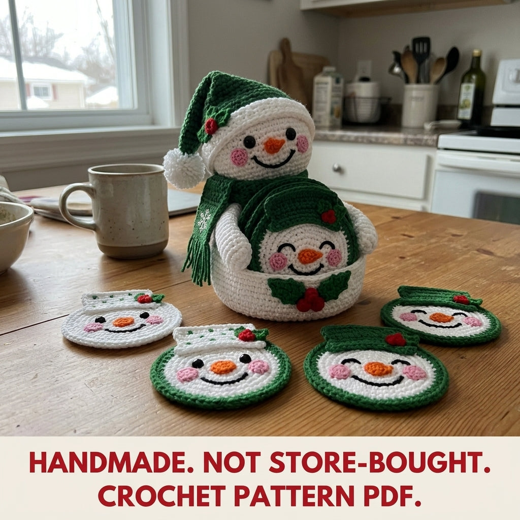 Green Snowman Coaster Set Crochet Pattern PDF – Snowman Coasters with Holder