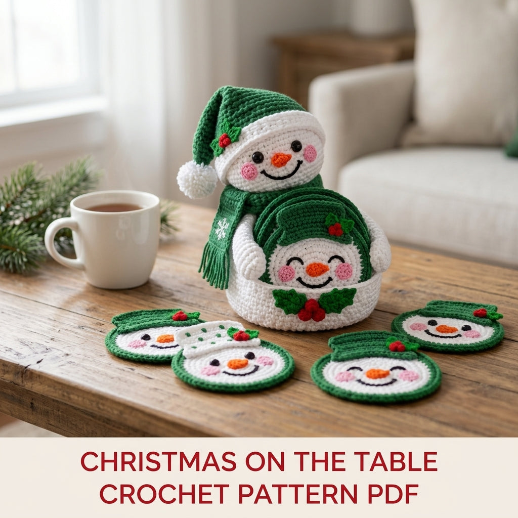 Green Snowman Coaster Set Crochet Pattern PDF – Snowman Coasters with Holder