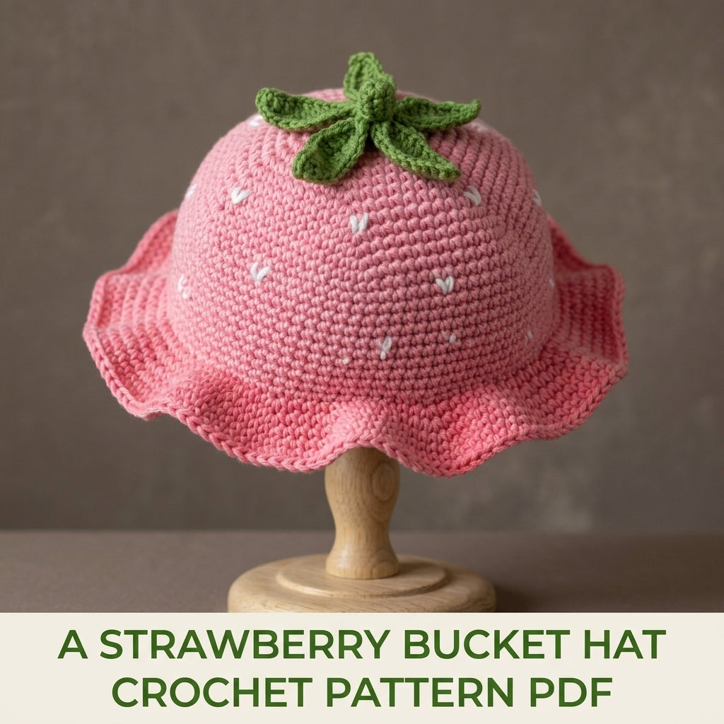 Strawberry Bucket Hat Crochet Pattern PDF – Cute Fruit Hat with Leaf Top