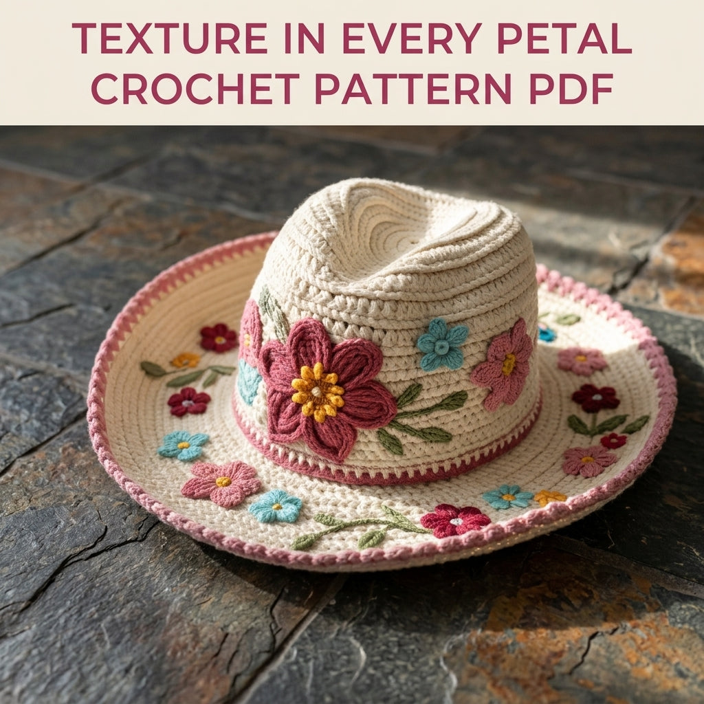 Embroidered Flower Sun Hat Crochet Pattern PDF – Wide Brim Hat with Embroidered Flowers