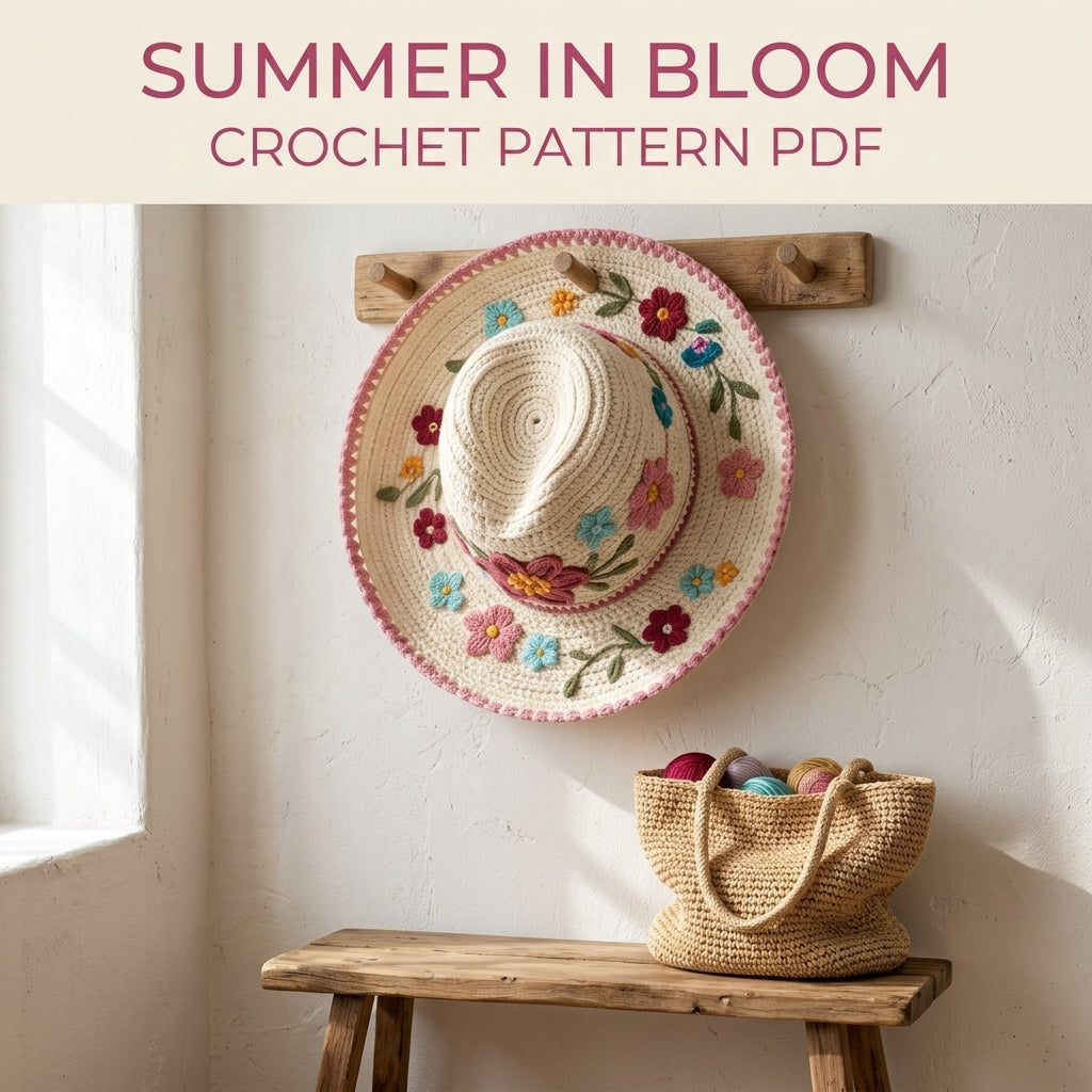 Embroidered Flower Sun Hat Crochet Pattern PDF – Wide Brim Hat with Embroidered Flowers