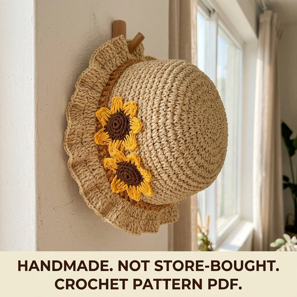 Sunflower Ruffle Sun Hat Crochet Pattern PDF – Kids Raffia Summer Hat with Flowers