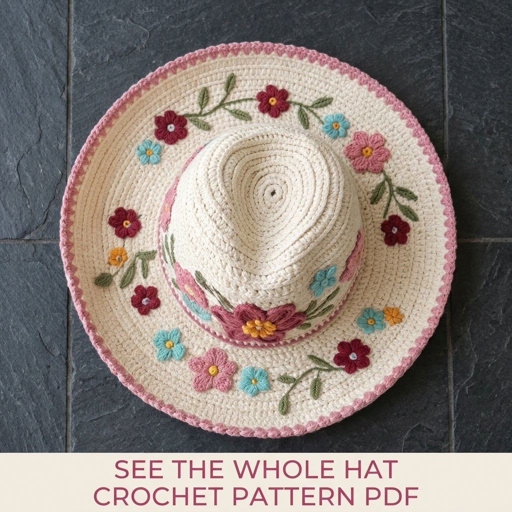 Embroidered Flower Sun Hat Crochet Pattern PDF – Wide Brim Hat with Embroidered Flowers