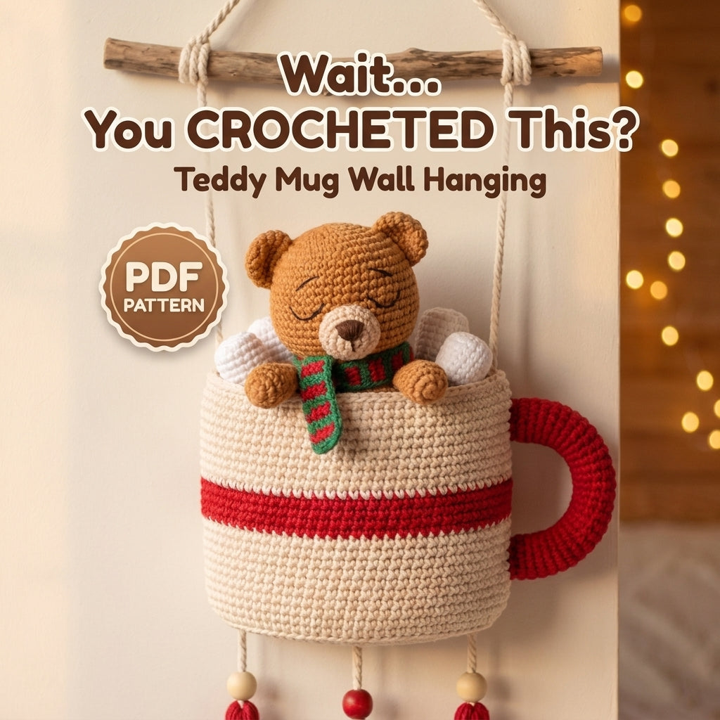 Crochet Cocoa Mug Wall Hanging Pattern – Sleepy Teddy Bear with Marshmallows