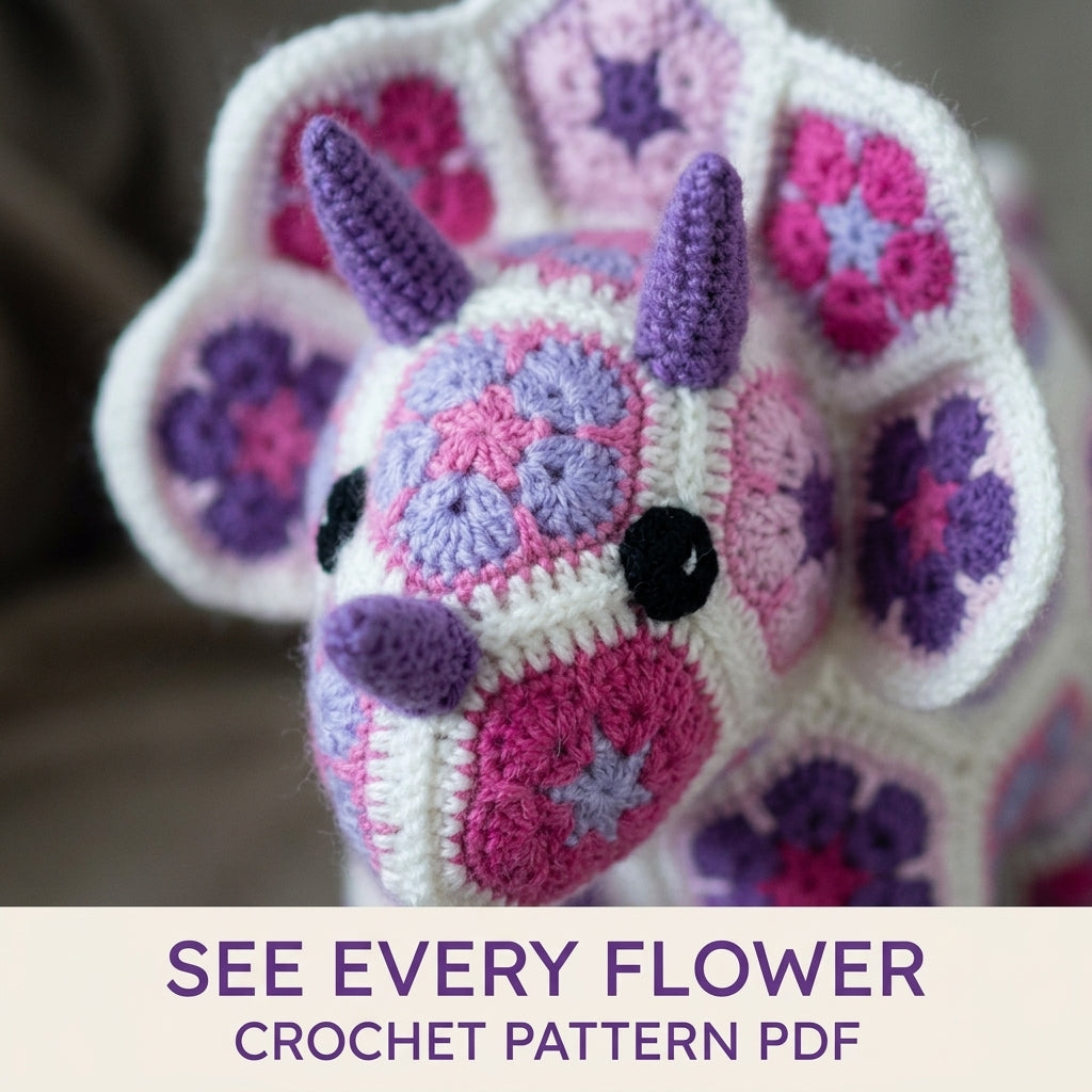 African Flower Triceratops Crochet Pattern PDF – Hexagon Amigurumi Dinosaur