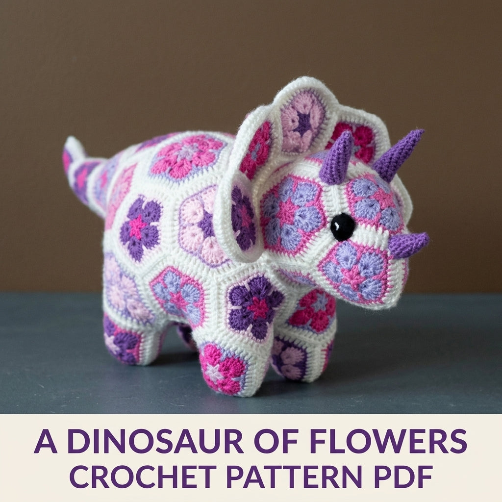 African Flower Triceratops Crochet Pattern PDF – Hexagon Amigurumi Dinosaur