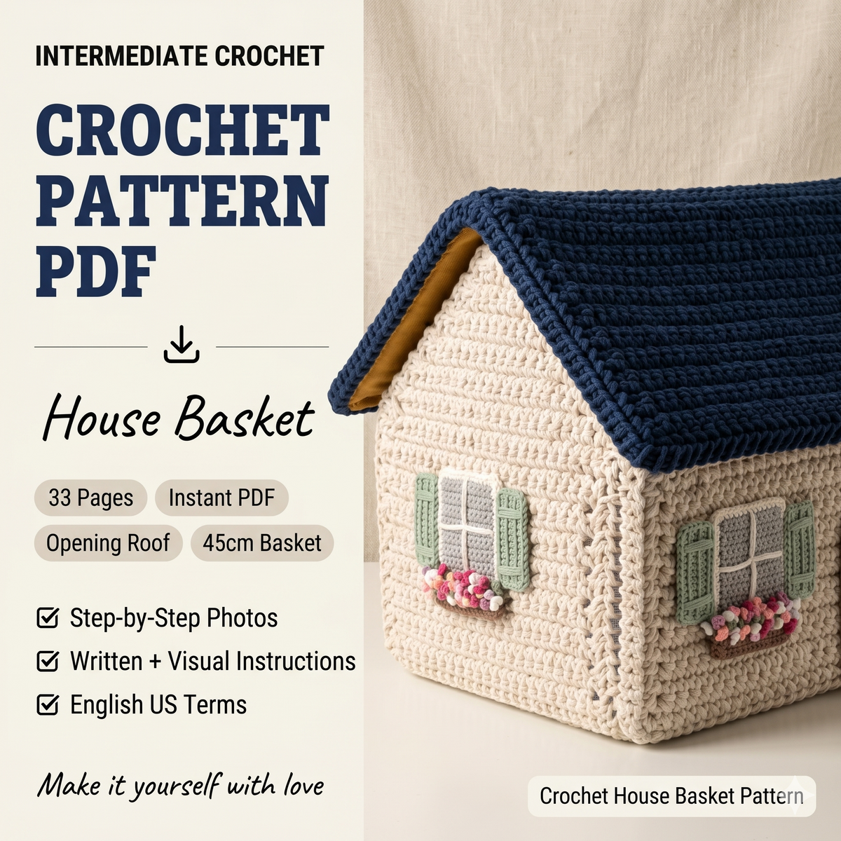 Crochet house basket PATTERN PDF | Cottage storage box pattern | Crochet organizer | Home décor basket