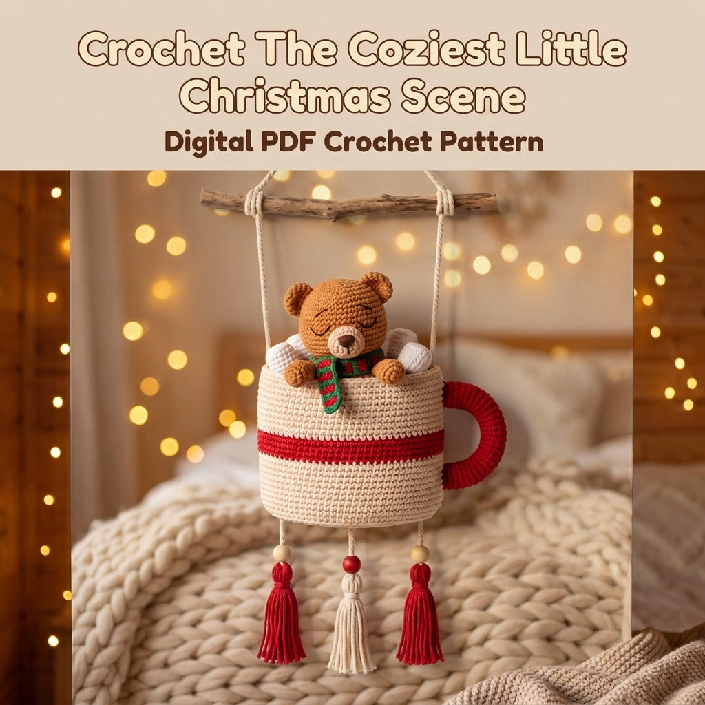 Crochet Cocoa Mug Wall Hanging Pattern – Sleepy Teddy Bear with Marshmallows