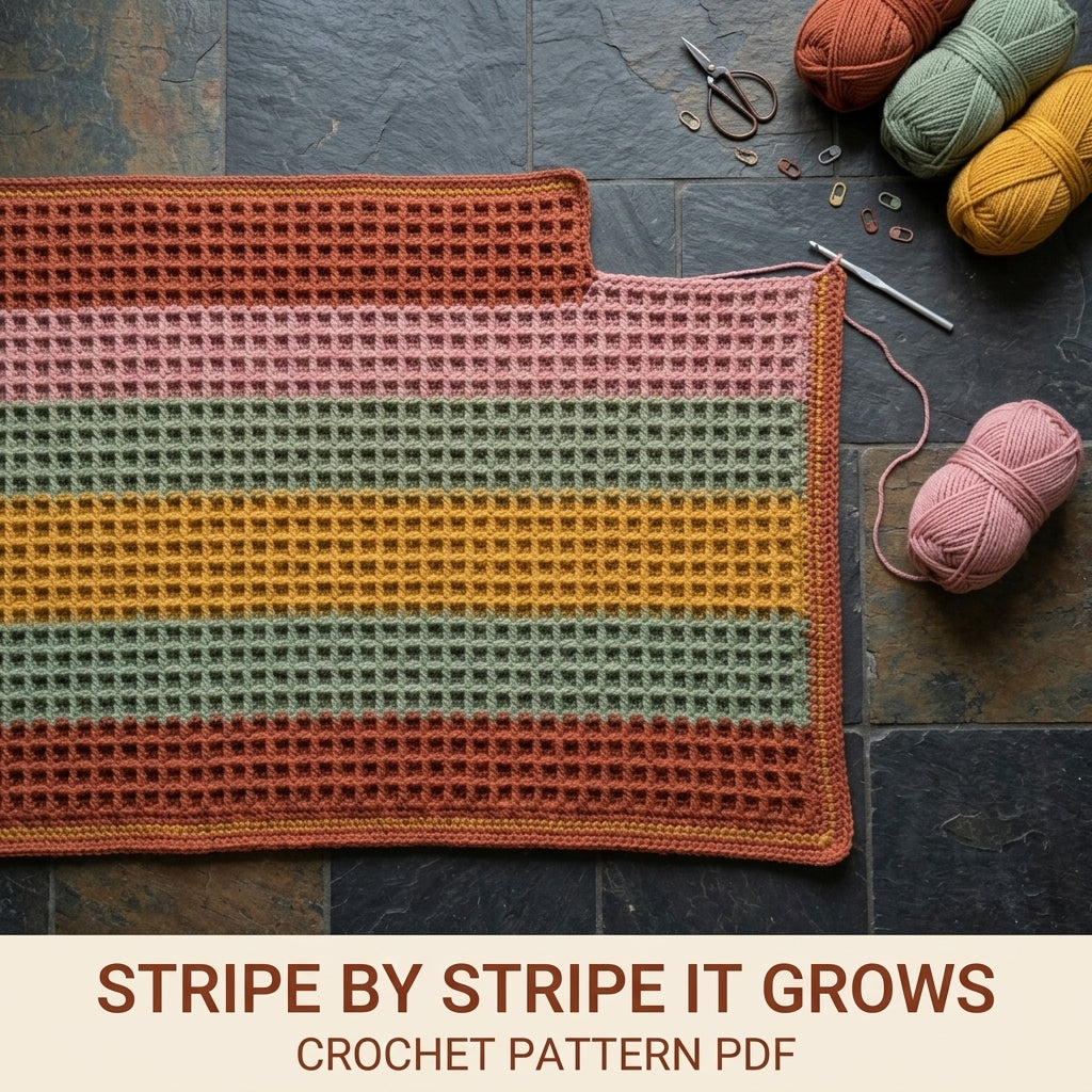 Waffle Stitch Crochet Blanket Pattern PDF – Easy Textured Striped Throw in Rust, Sage and Mustard