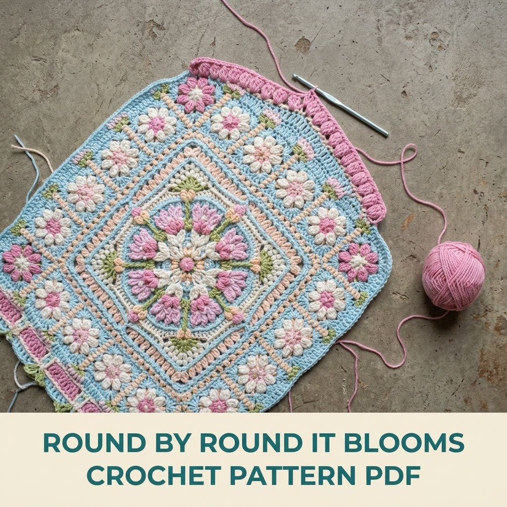 Aqua Garden Crochet Blanket Pattern PDF – Flower Medallion Square Throw with Daisies