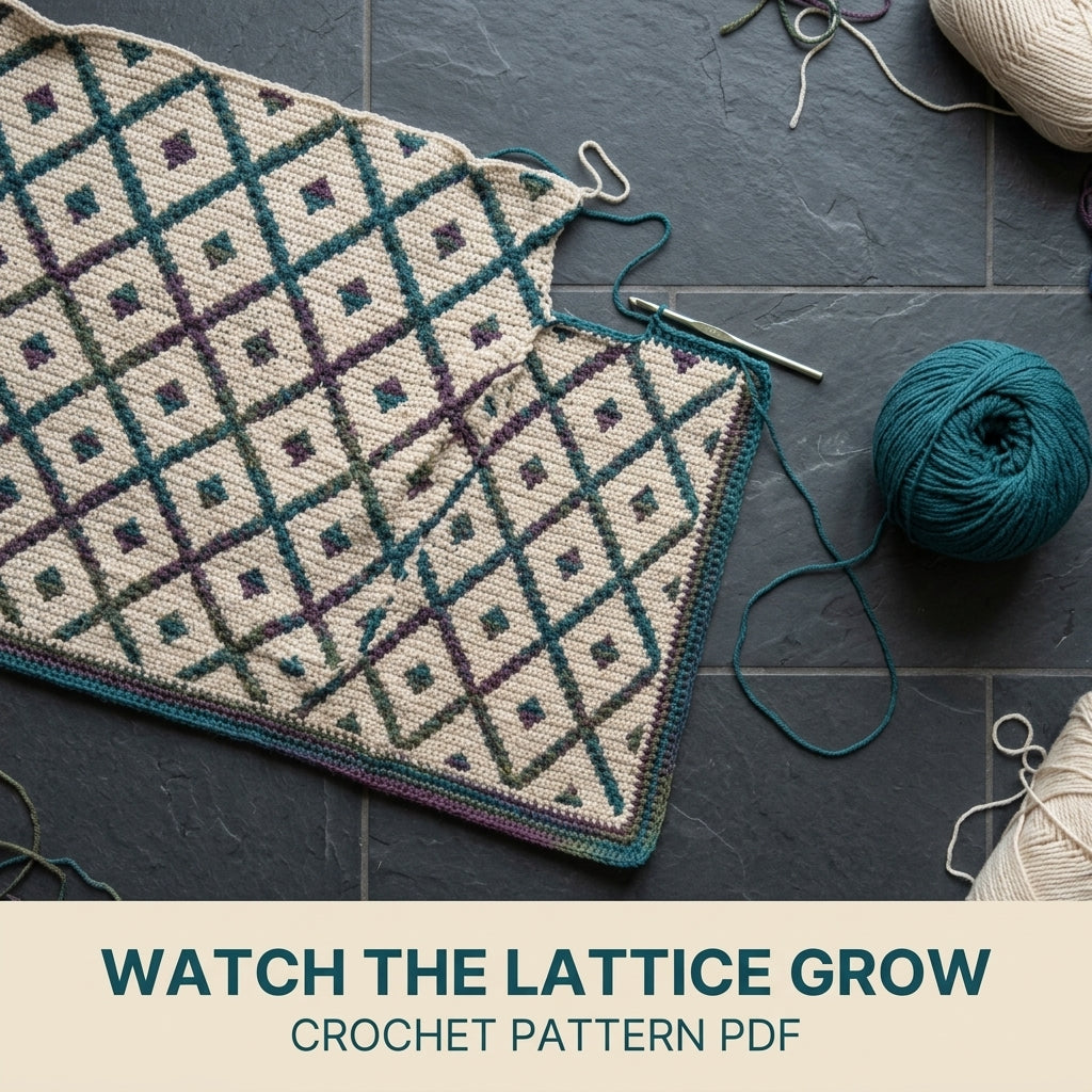 Trellis Mosaic Crochet Blanket Pattern PDF – Diamond Lattice Throw in Teal, Plum and Green