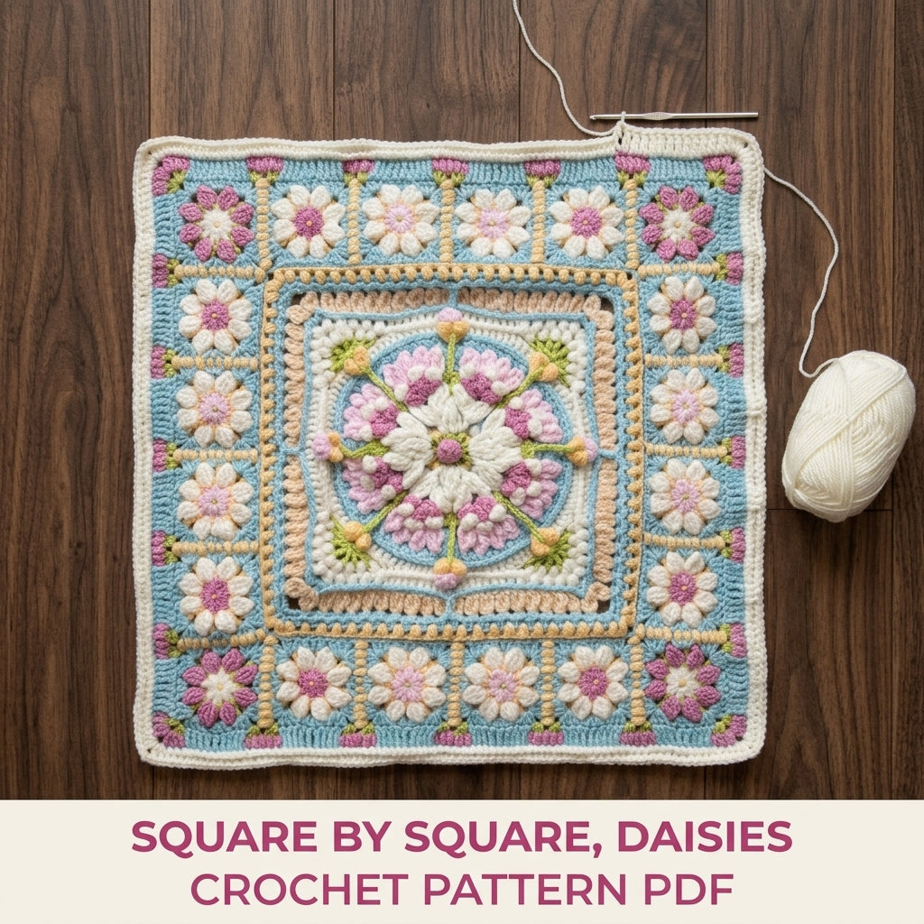 Daisy Ring Medallion Blanket Crochet Pattern PDF – Puff Flower and Daisy Square Throw