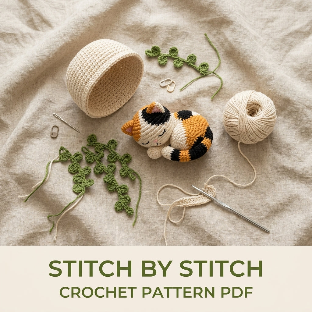 Sleeping Cat Basket Car Charm Crochet Pattern PDF – Rear View Mirror Hanging