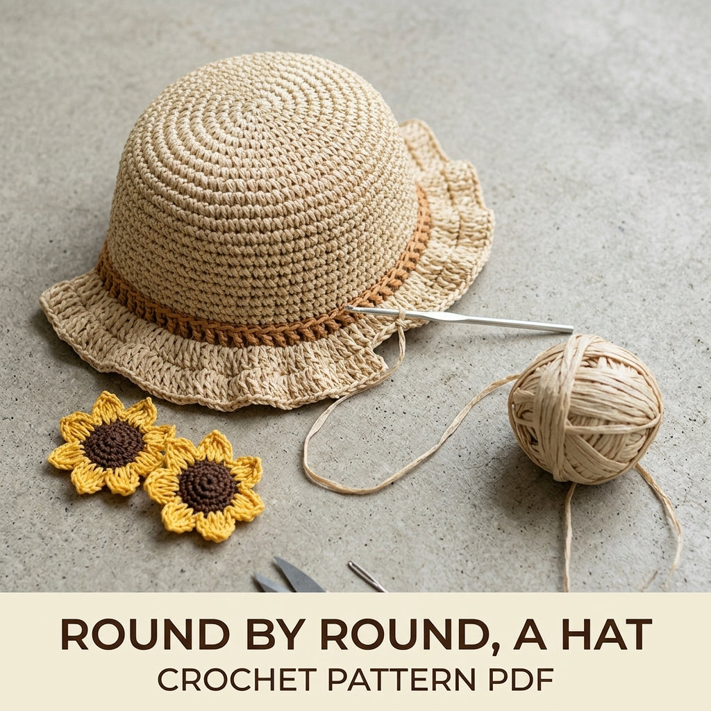 Sunflower Ruffle Sun Hat Crochet Pattern PDF – Kids Raffia Summer Hat with Flowers