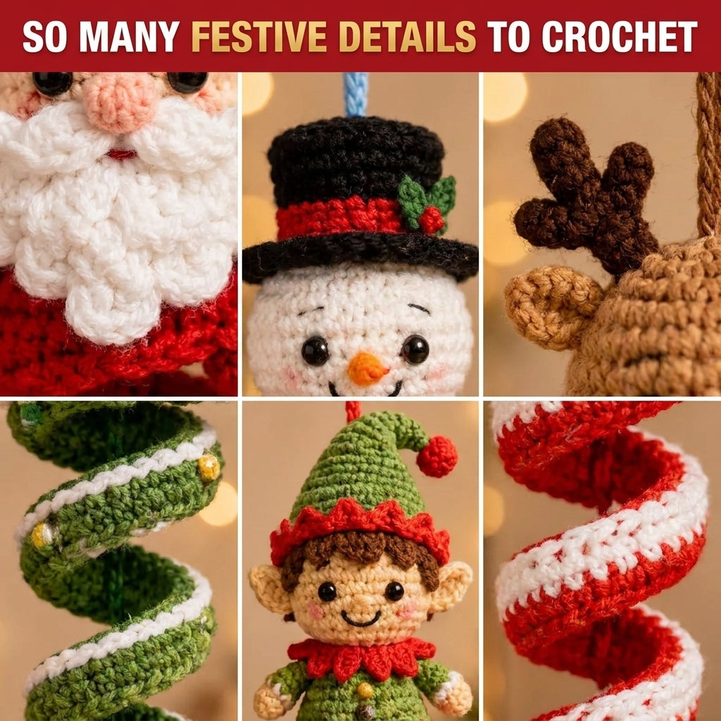 Christmas Spiral Ornament Crochet Pattern | Set of 5 Hanging Decorations | Santa, Snowman, Reindeer, Tree & Elf | PDF Instant Download