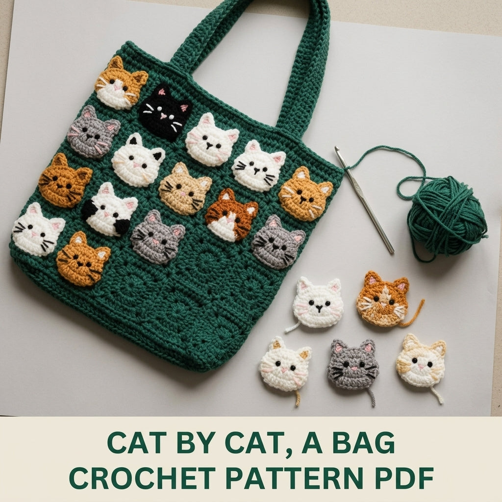 Cat Parade Tote Bag Crochet Pattern PDF – Cute Cat Face Appliqué Shoulder Bag