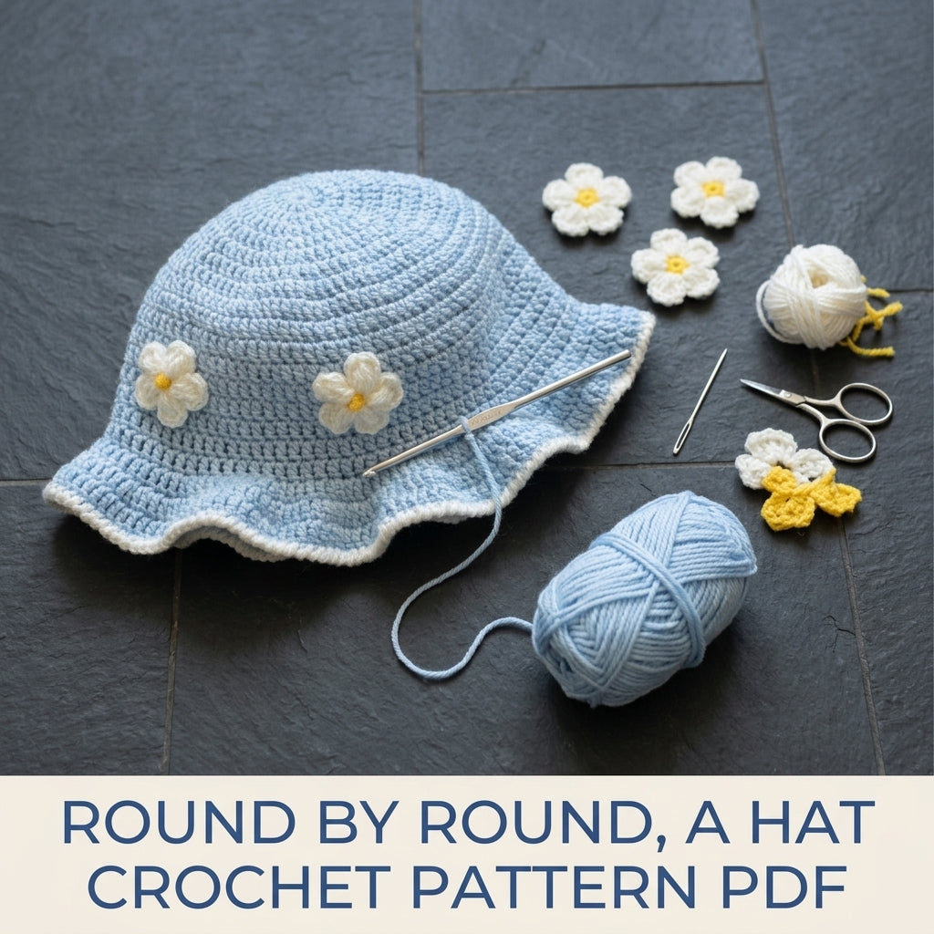 Blue Flower Ruffle Baby Hat Crochet Pattern PDF – Baby Sun Hat with Puff Flowers