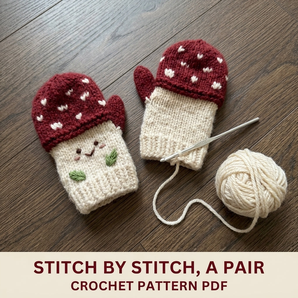Mushroom Mittens Crochet Pattern PDF – Kids Toadstool Mittens with Faces