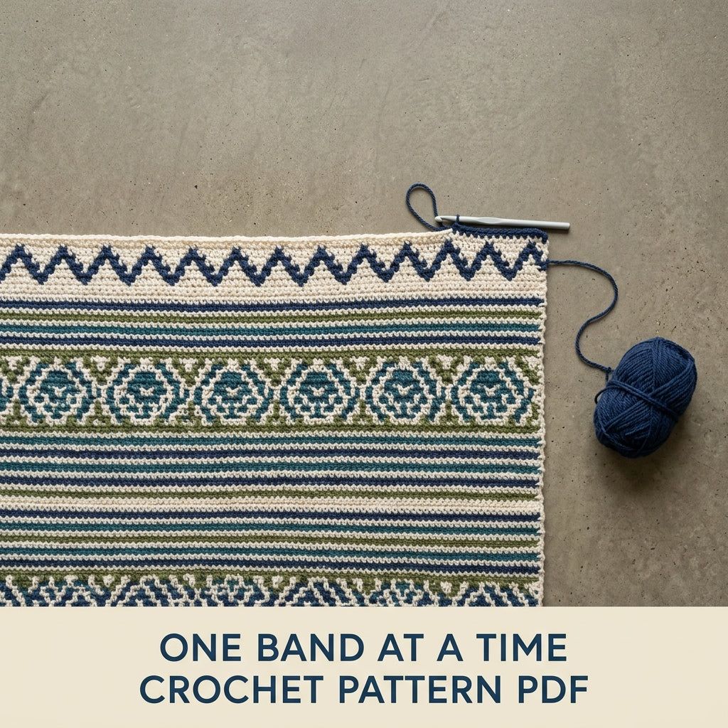 Geometric Stripe Mosaic Crochet Blanket Pattern PDF – Navy, Teal and Green Throw with Diamonds and Zigzags