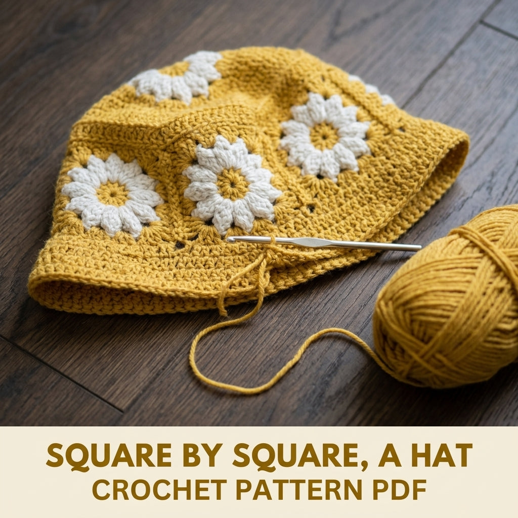 Mustard Daisy Granny Bucket Hat Crochet Pattern PDF – Granny Square Flower Sun Hat