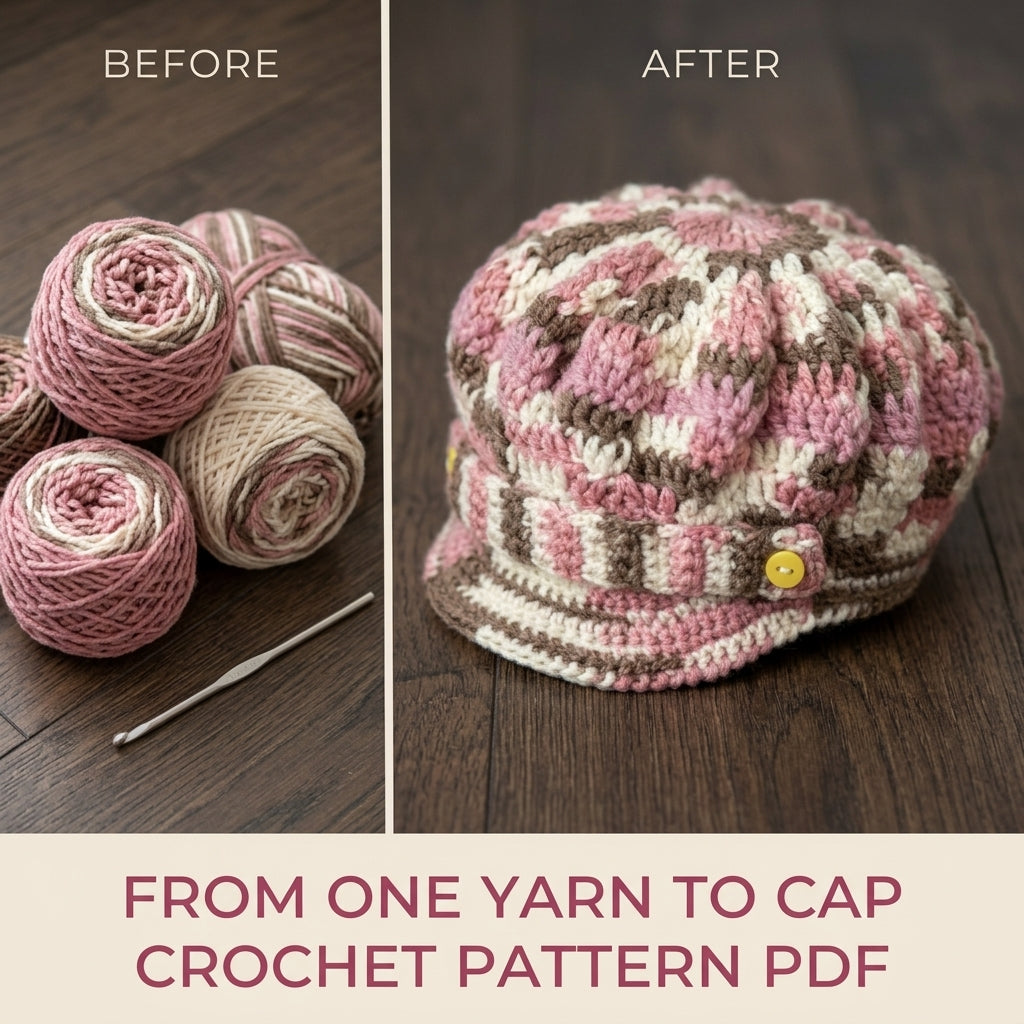 Newsboy Cap Crochet Pattern PDF – Slouchy Brimmed Hat with Button Tab