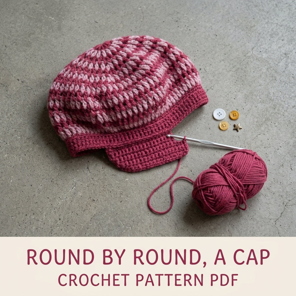Raspberry Two-Tone Newsboy Cap Crochet Pattern PDF – Slouchy Brimmed Hat with Button Strap