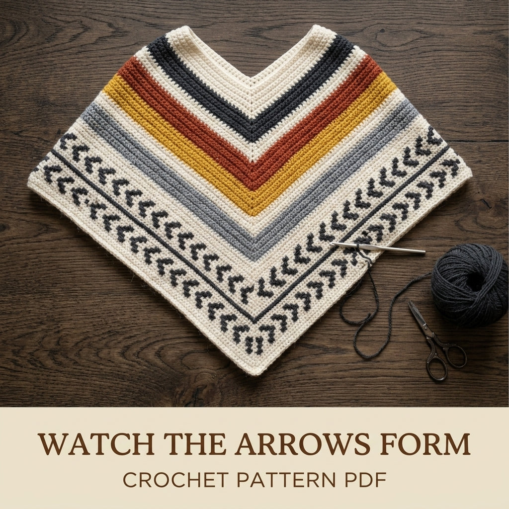 Arrow Stripe Poncho Crochet Pattern PDF – Boho Fringe Poncho with Colourwork Band