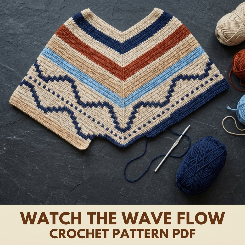 Desert Wave Poncho Crochet Pattern PDF – Boho Fringe Poncho with Mosaic Colourwork Band