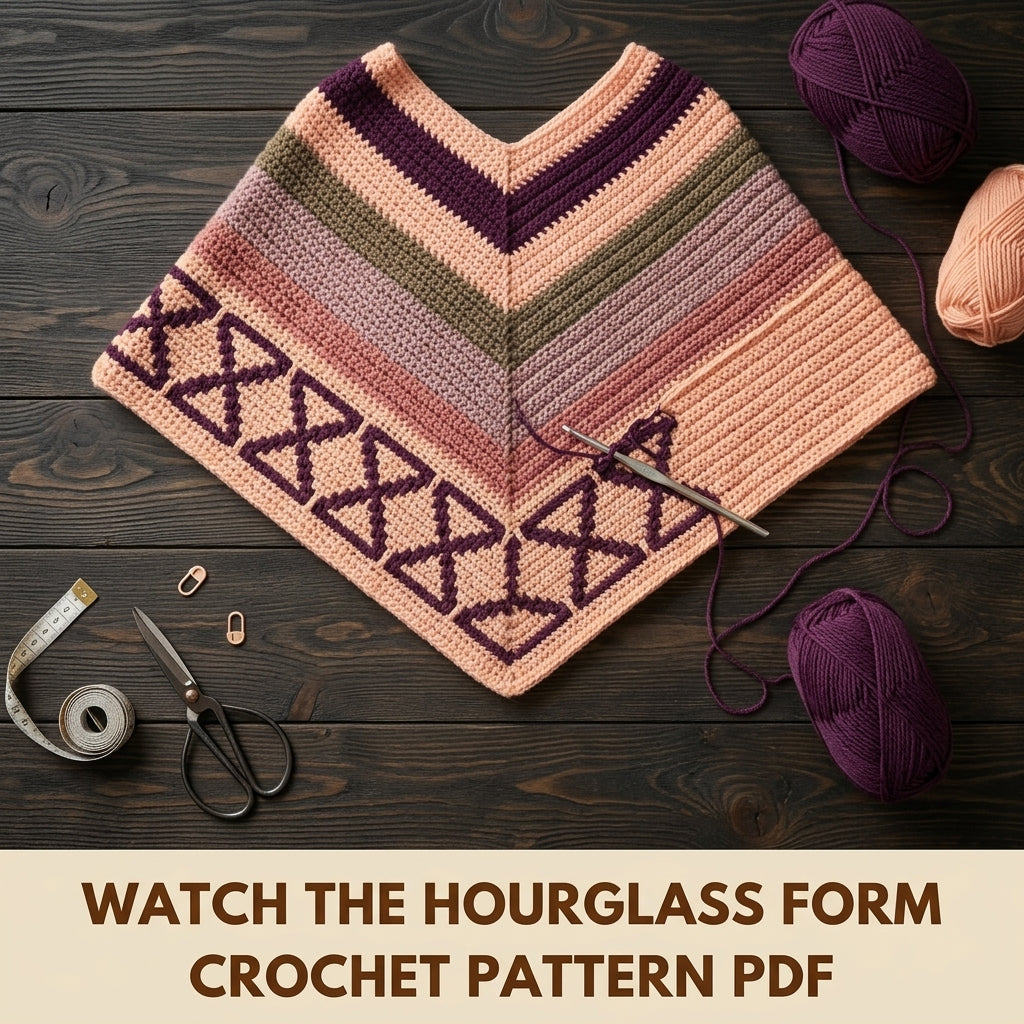 Hourglass Rose Poncho Crochet Pattern PDF – Boho Fringe Poncho with Colourwork Band