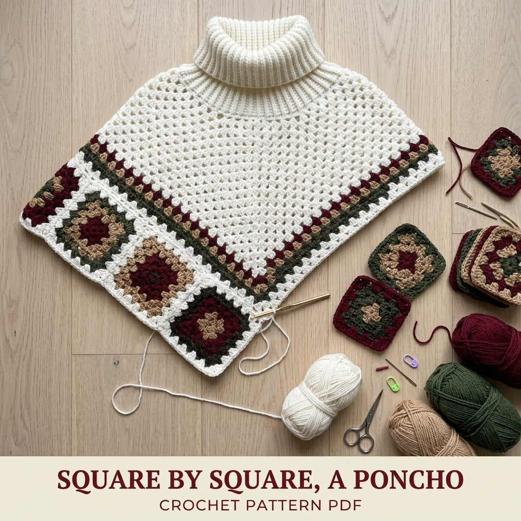 Turtleneck Granny Poncho Crochet Pattern PDF – Women's Poncho with Sleeves and Fringe