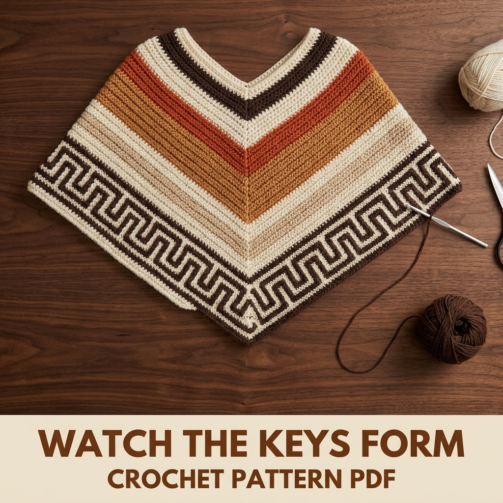 Greek Key Poncho Crochet Pattern PDF – Boho Fringe Poncho with Colourwork Band